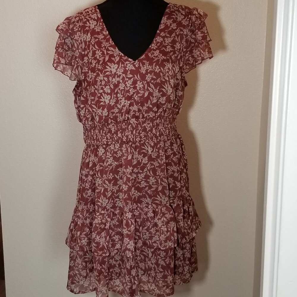 Indulge Instyle‎ Womens XL Brown Floral Dresss Boho Peasant Milkmaid Ruffles NWT
